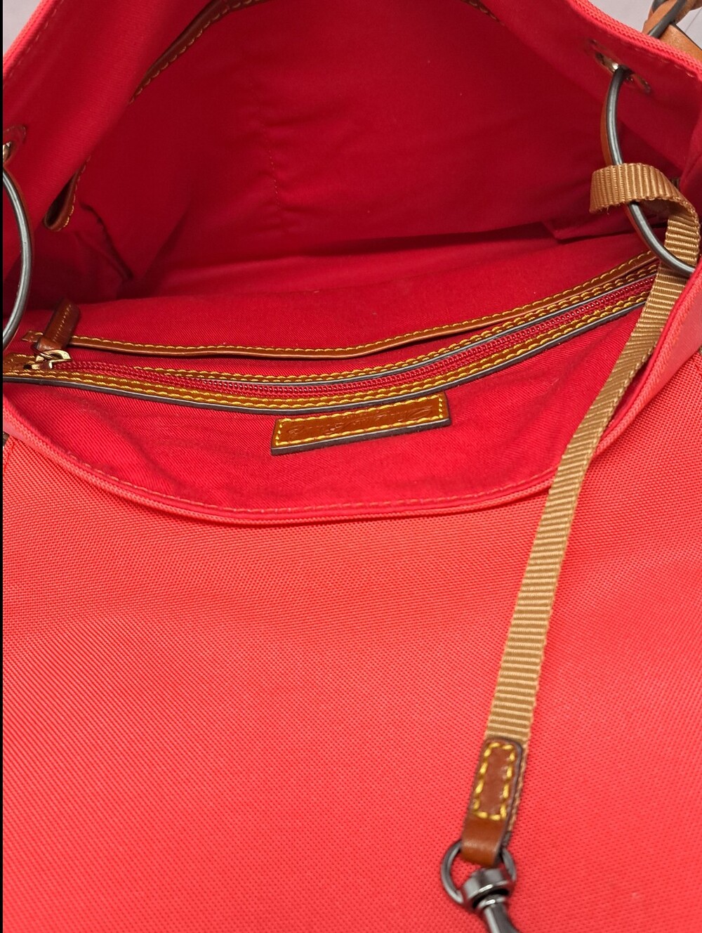 Dooney & Bourke Red Nylon and Tan Leather Flap Backpack Bag - Picture 6 of 9